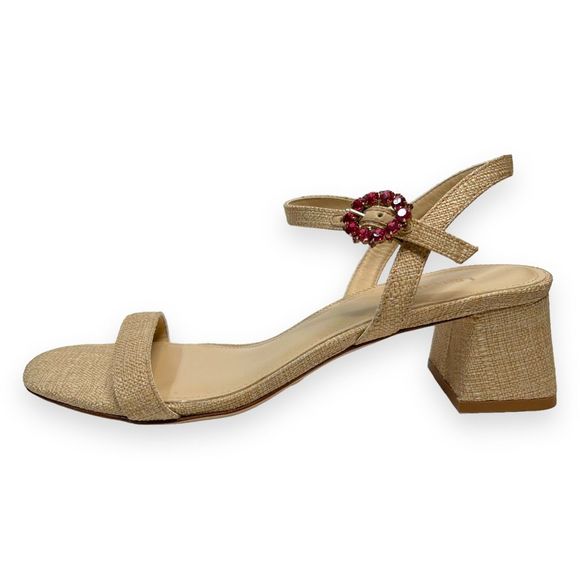 Larroudé Shoes - Larroudé Selena Embellished Flower 45MM Raffia Block-Heel Sandals Beige Size 9